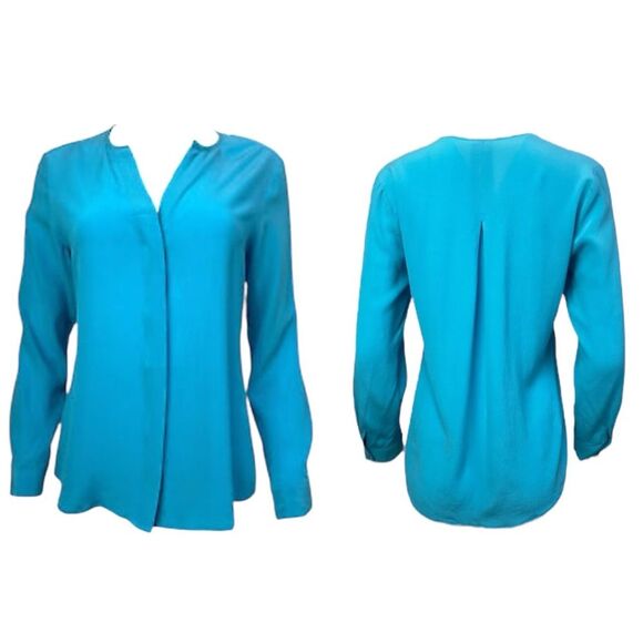 NWT ecru Flowy Elegant Long Sleeve V-neck Mandarin collar Button Blouse Capri S - Picture 1 of 16